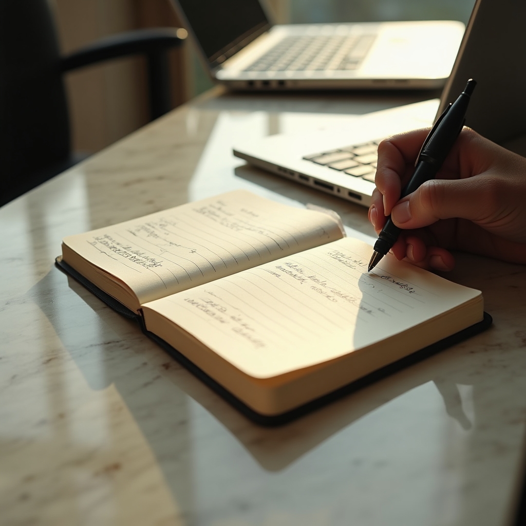 Otevřený sešit s rozhodovacím logem a datumy vedle notebooku