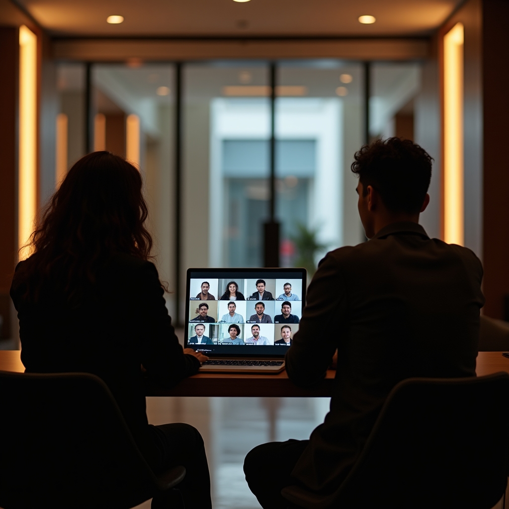Remote tým na video hovoru sleduje sdílenou obrazovku s poznámkami