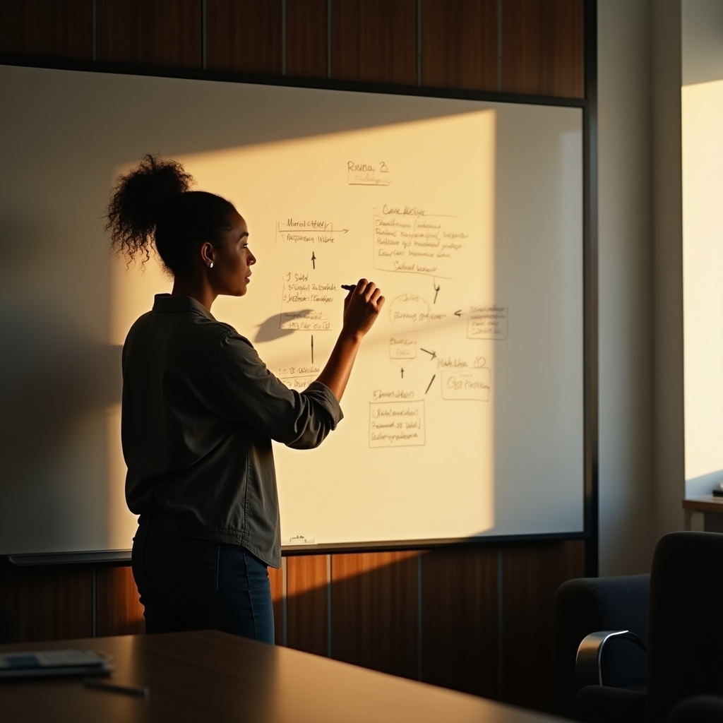 Facilitátorka u whiteboardu kreslí schéma rozhodovacího procesu pro remote tým